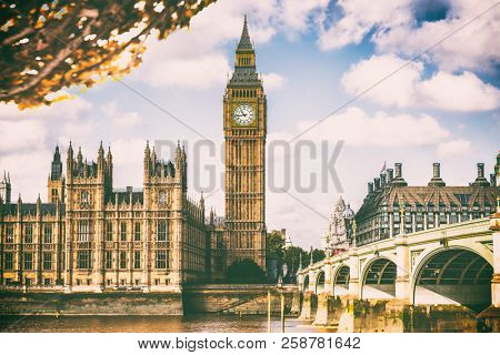 London city in fall foliage - Autum Europe destination travel icon background.