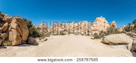 Panorama Of Granite Boulders In The Wonderland Of Rocks Area Along Willow Hole Trail In Joshua Tree