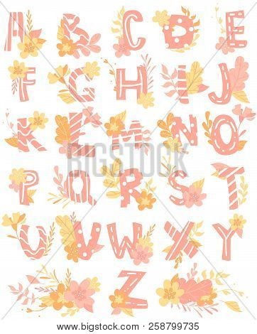 Hand-drawn Letters, English Alphabet For Children With Flowers