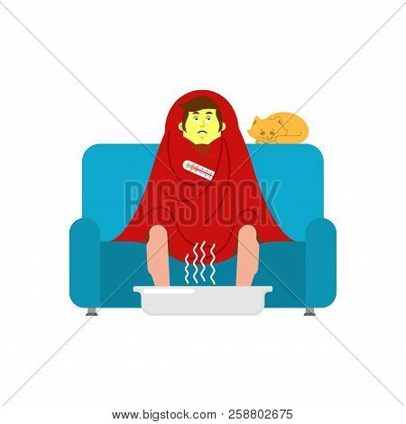 Man Sick Sitting In Armchair Wrapped In Blanket. Guy Illness Sneezing. Unhappy Having Flu Sitting On