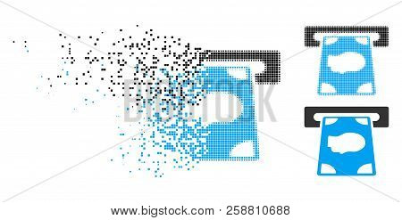 Cashpoint Icon In Dispersed, Pixelated Halftone And Original Versions. Elements Are Composed Into Ve