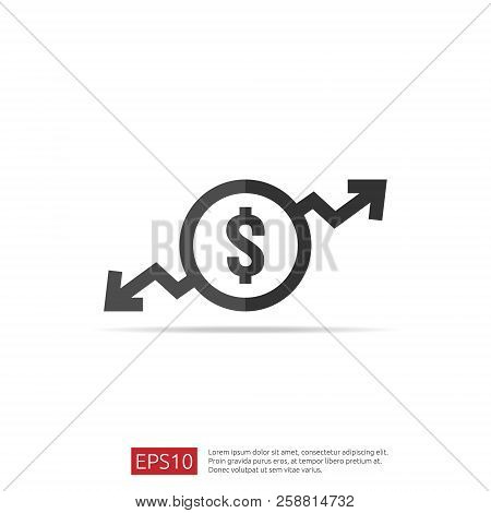 Dollar Increase Decrease Icon. Money Symbol With Arrow Stretching Rising Up And Drop Fall Down. Busi