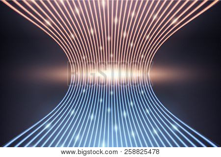 Futurictic Design Of Big Data Lines Connected. Visualization Of Data Stream In Space And Blockchain.