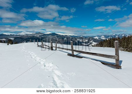 Picturesque Winter Mountain View From Alpine Path With Footprint. Skupova Mountain Slope, Ukraine, V