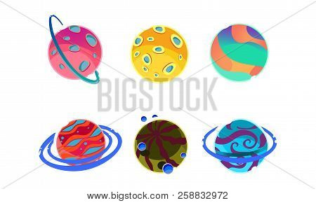 Colorful Fantasy Alien Planets Set, Cosmic Details For Game Design Vector Illustration On A White Ba