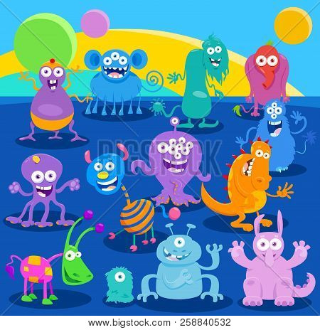 Cartoon Illustrations Of Monsters Or Aliens Characters Group In Fantasy World