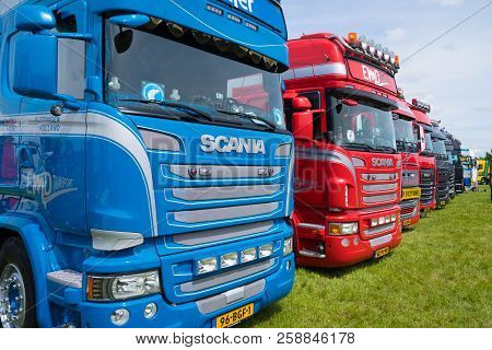 Geesteren, Netherlands - May 21, 2017: Shiny Trucks In A Row During A Truck Meeting