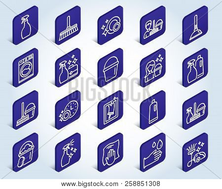 Cleaning Line Icons. Laundry, Sponge And Vacuum Cleaner Signs. Washing Machine, Housekeeping Service