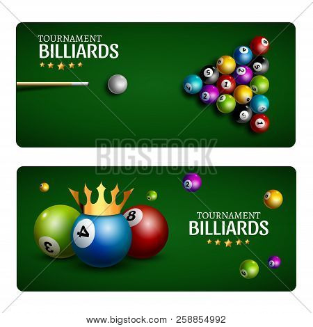 Billiard Club Game Banner Template. Billiard Pool Green Table Design. Sport Flyer Ball Tournament Po