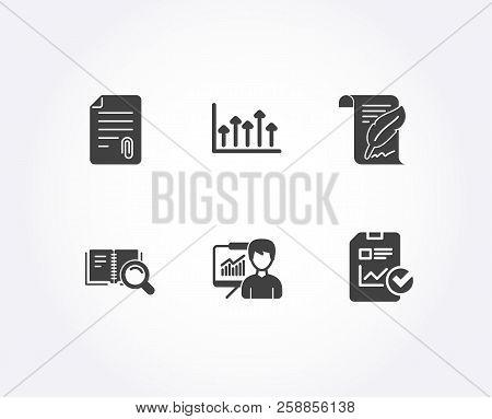 Set Of Search Book, Attachment And Growth Chart Icons. Presentation, Feather And Report Checklist Si