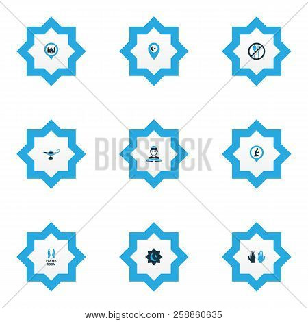 Religion Icons Colored Set With Believer, Room, Imam And Other Location Elements. Isolated Vector Il