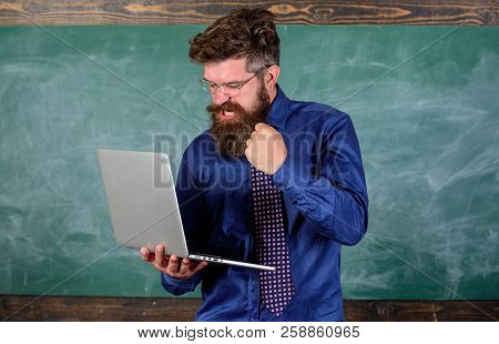 Slowly Internet Annoying Him. Annoyed By Slow Internet. Hipster Teacher Aggressive With Laptop Goes 