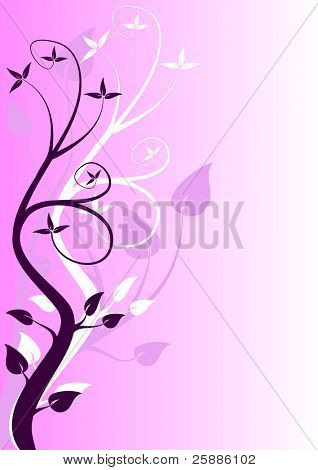 보라색과 텍스트 위한 공간에서에서 stylised 나무와 추상적인 연보라 꽃 디자인