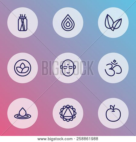 Spiritual Icons Line Style Set With Water Drop, Ornament, Lotus And Other Leaf Elements. Isolated  I