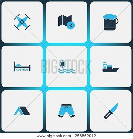 Journey Icons Colored Set With Map With Time, Beer, Quadrupter And Other Tepee Elements. Isolated  I