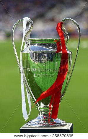 Kyiv, Ukraine - May 26, 2018: Uefa Champions League Trophy (cup) Presents Before The Ucl Final Game 