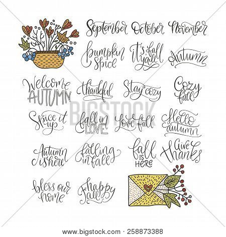 Cozy Fall Vector Lettering Set. Hand Drawn Autumn Quotes. Big Autumn Lettering Collection With Posit
