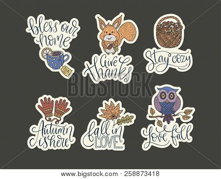 Cozy Fall Vector Lettering Set. Hand Drawn Autumn Quotes With Hand Drawn Cartoon Doodle Illustration