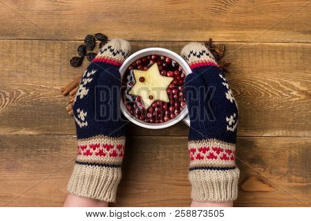 Girl In Winter Mittens Holding Cup With Hot Berrytea Hot Beverage Winter Drink Wooden Background Fla