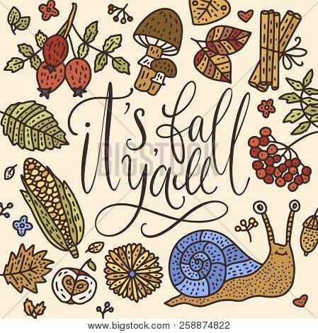 Cozy Fall Vector Illustration. Autumn Vector Lettering Card With Handdrawn Quotes And Cozy Doodle Fa
