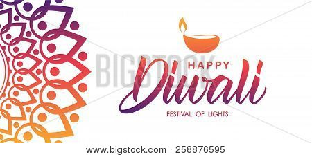 Colorful Indian Greeting Banner With Handwritten Lettering Of Happy Diwali And Lamp. Vector Illustra