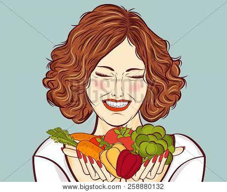 Beautiful Red-haired Lady With Vegetables In His Hands