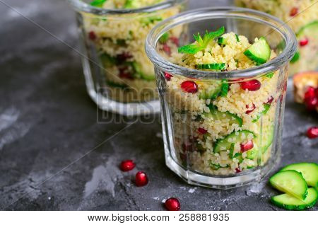 Couscous Salad In A Jar With Pomegranate, Mint And Cucumbers, Healthy Salad, Vegan Meal