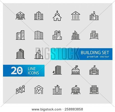 Building Icons. Set Of Line Icons. Church, Museum, Bank. Architecture Concept. Vector Illustration C