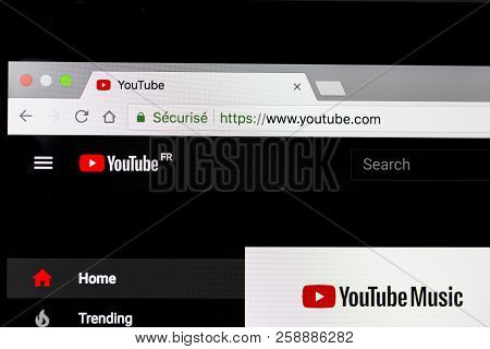 Yainville, France - September 18, 2018. Youtube Home Black Page Sharing Service On Laptop Screen Clo