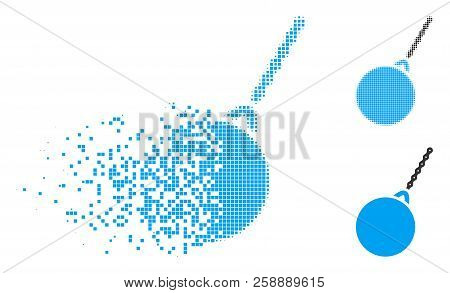 Destruction Hammer Icon In Fragmented, Pixelated Halftone And Undamaged Versions. Fragments Are Comp