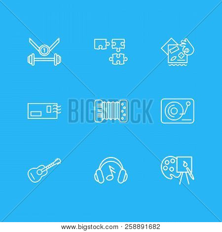 Vector Illustration Of 9 Entertainment Icons Line Style. Editable Set Of Sport, Accordion, Djing And