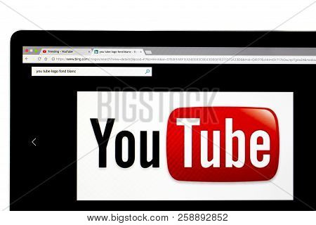 Yainville, France - September 18, 2018. Youtube Logo Page Sharing Service On Laptop Screen Close-up.