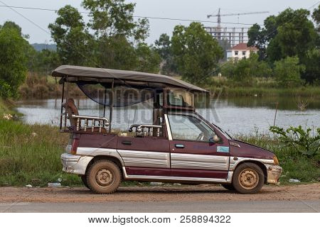 Sianoukville, Cambodia - 03 April 2018: Local Taxi Car Tuk-tuk Parked On Street. Cambodian Transport