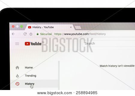 Yainville, France - September 18, 2018. Youtube History Page Sharing Service On Laptop Screen Close-