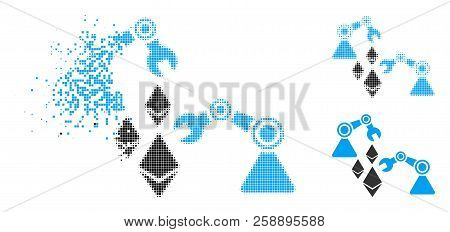 Ethereum Mine Robotics Icon In Dissolved, Pixelated Halftone And Solid Variants. Points Are Grouped 