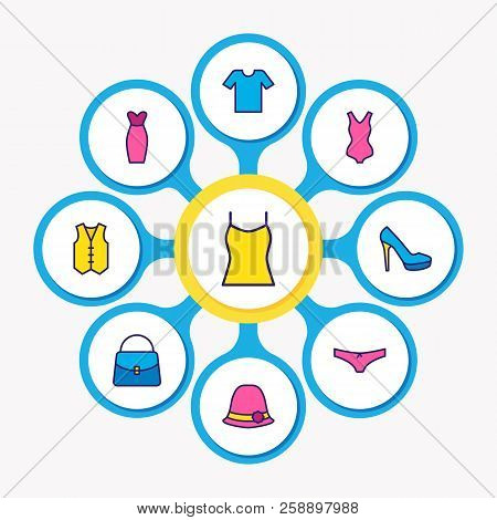 Vector Illustration Of 9 Garment Icons Colored Line. Editable Set Of Evening Dress, Bag, Underwear A