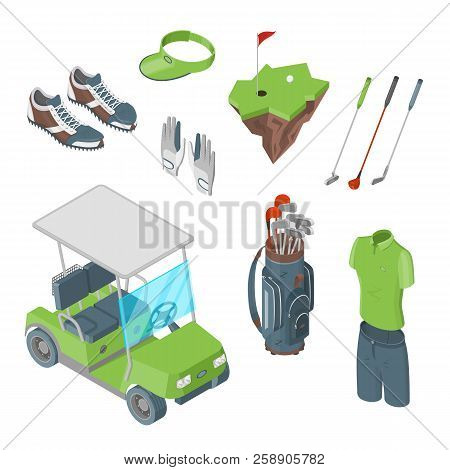 Golf Club Vector 3d Isometric Icons And Design Elements Set. Golf Cart, Ball, Club, Bag And Clothes 