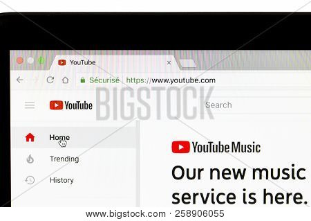 Yainville, France - September 18, 2018. Youtube Home Black Page Sharing Service On Laptop Screen Clo