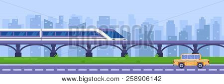 Modern High Speed Train On Railway Bridge. Railway Passenger Public Transport, Vector Illustration. 