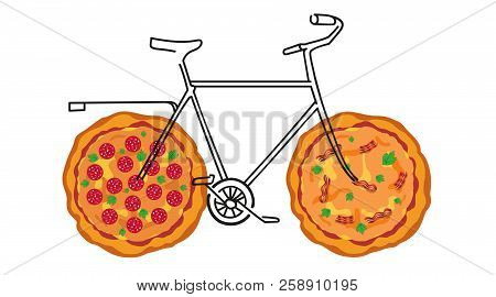 Sketch Doodle Bicycle With Ruddy Pizza( Pepperoni, Bacon, Parsley, Cheese And Tomato Sauce) Wheels. 