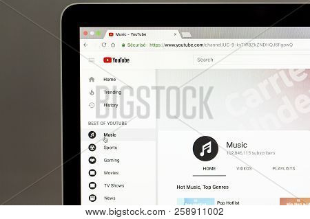 Yainville, France - September 18, 2018. Youtube Music Page Sharing Service On Laptop Screen Close-up