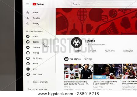 Yainville, France - September 18, 2018. Youtube Sport Page Sharing Service On Laptop Screen Close-up