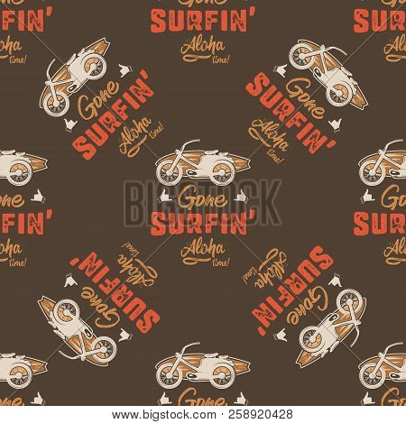 Surfing Car Pattern. Vintage Hand Drawn Surf Wagon With Surfboard Seamless Wallpaper. Aloha Time Quo