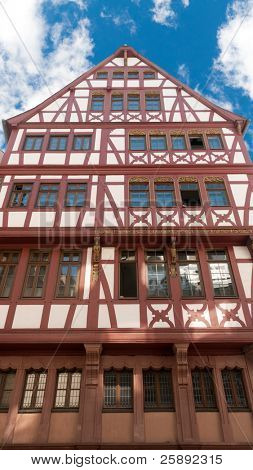 Traditional half timbered house at Romer Square (RÃ¶merplatz / Roemerplatz) in the city of Frankfurt Main, Germany