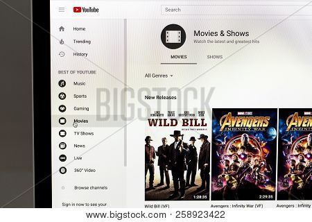 Yainville, France - September 18, 2018. Youtube Movies Page Sharing Service On Laptop Screen Close-u
