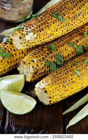 Delicious Fried Corn, Grated With Lime  And Seasoned With Spicy Spices. Indian And Mexican Style.