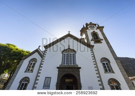 Front View Of The Igreja Matriz De Sao Bento Church With The Sun In The Background In Ribeira Brava,
