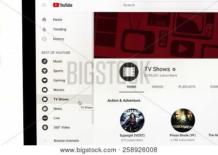Yainville, France - September 18, 2018. Youtube Tv Show Page Sharing Service On Laptop Screen Close-