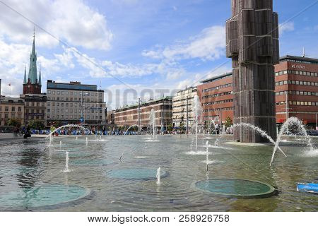 Stockholm, Sweden - August 23, 2018: People Visit Sergels Torg Square In Norrmalm District, Stockhol