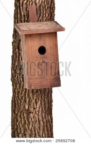 Käsintehty lintu talo (starling talo) puunrunko, valkoista taustaa vasten